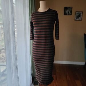 Zara Trafaluc Black and Brown Striped Long Sleeve Midi Dress Womens Small